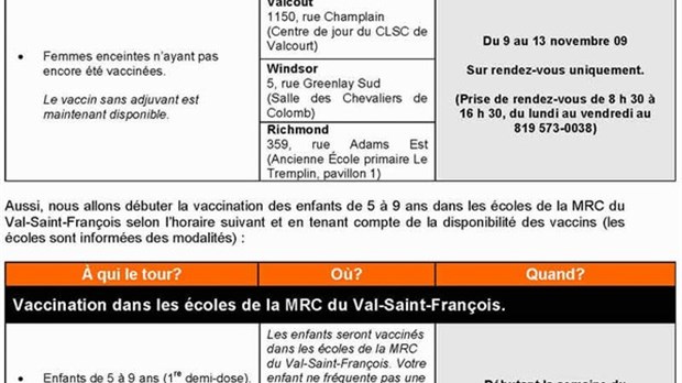 Vaccination des femmes enceintes et des enfants de 5 à 9 ans dans le Val Saint-François